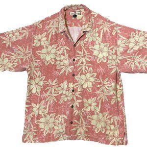 Tommy Bahama Pink and Cream Floral 100% Silk Men's Short Sleeve Hawaiian Shirt L